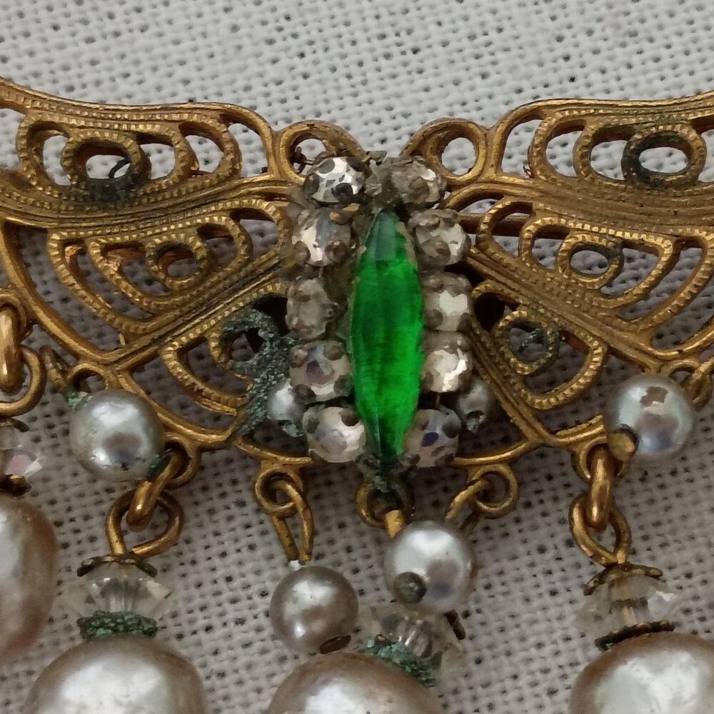 Miriam Haskell Signed Pearl Emerald And Rhineston… - image 2